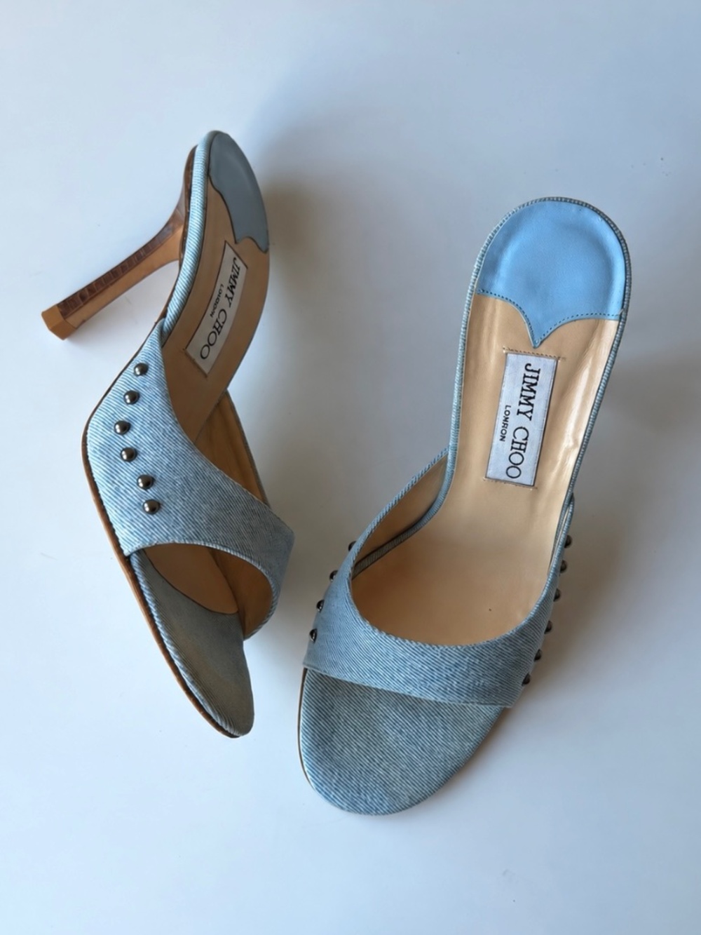 Vintage Jimmy Choo Light Blue Denim Slide Mules, IT 39, approx. US 8.5
